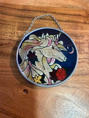 Vintage Handcrafted Stained Glass Unicorn Suncatcher - Multicolor